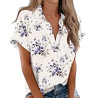 Women Short Sleeve Tops 2024 Summer Fashion T Shirt Casual V Neck Pullover Button Printed Plus Size Blouse Tees