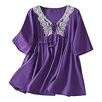 Women's Embroidered Babydoll Tops Lace-Up V Neck Short Sleeve Shirts Summer Cute Peasant Casual Loose Fit Blouses