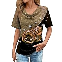 Womens Tops Short Sleeve Cowl Neck Blouse Shirts Loose Fit Floral Fashion Tee Shirt Tunics Summer Tops