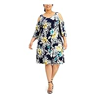 Connected Apparel Womens Navy Stretch Floral 3/4 Sleeve V Neck Short Wear to Work Shift Dress Plus 16W