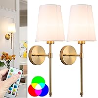 Battery Operated Wall Sconce Light with Remote Control, Dimmable Set of 2 White Fabric Shade, Indoor Wireless Lamp For Bedroom Living Room, Bulb Included (