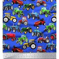 Soimoi Sewing Cotton Cambric Fabric Material Tractor Print 58 Inches Wide by The Yard-Blue