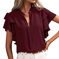 Off The Shoulder Tops for Women with Built in Bra Women's Summer New V Neck Casual Double Layer Ruffle Sleeve