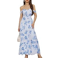 GRACE KARIN 2024 Women's Summer Floral Print Flowy A Line Dresses Sleeveless Smocked Off Shoulder Maxi Dress