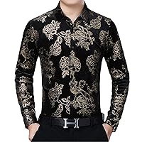 Velvet Shirts Men Long Sleeve Casual Flower Print Dress Shirt Mens Work Business Camisas Floral Chemise Homme Loose