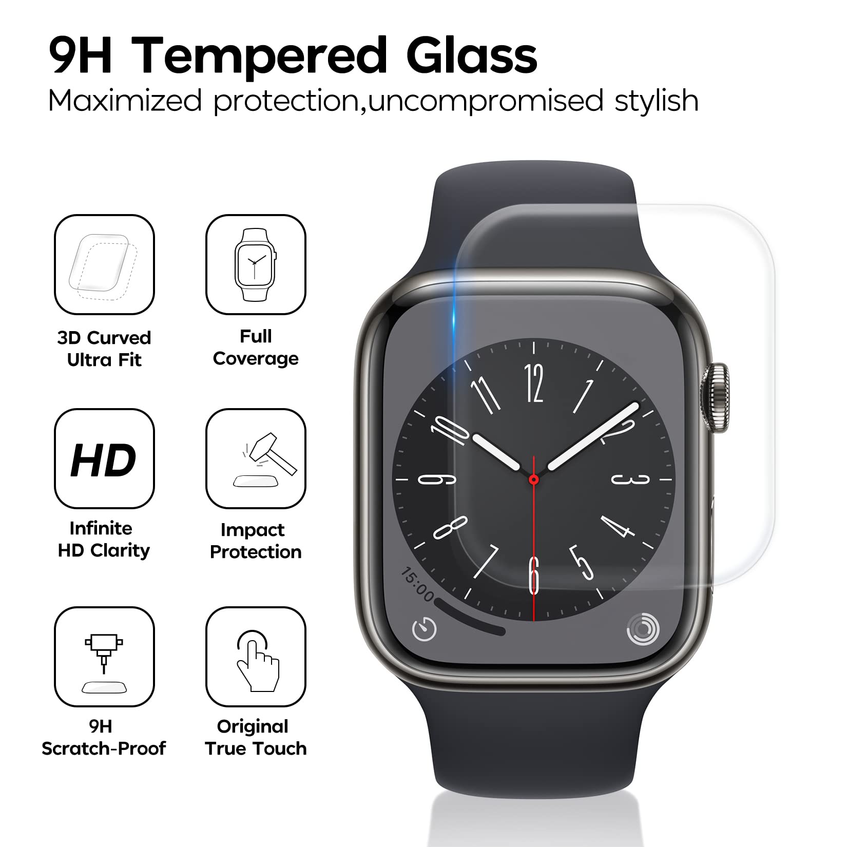 Mowei 3-Pack for Apple Watch Series 8/7 Screen Protector 45mm, 9H Tempered Glass 3D Full Coverage Bubble Free Waterproof Infinite HD Shield for Apple Watch 7/8 45mm (2022)