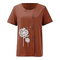 Summer Tops for Women 2024 Trendy Cotton Linen Crew Neck Blouses Casual Dandelion Printed Short Sleeve Button Up Shirts