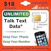SpeedTalk Mobile SIM Card Kit for Smart Phones & Cellphones | $18 Monthly Plan - Preloaded Unlimited Talk & Text & 4GB 5G 4G LTE Data | 3-in-1 Standard Micro Nano Size | 30 Days USA Wireless Coverage