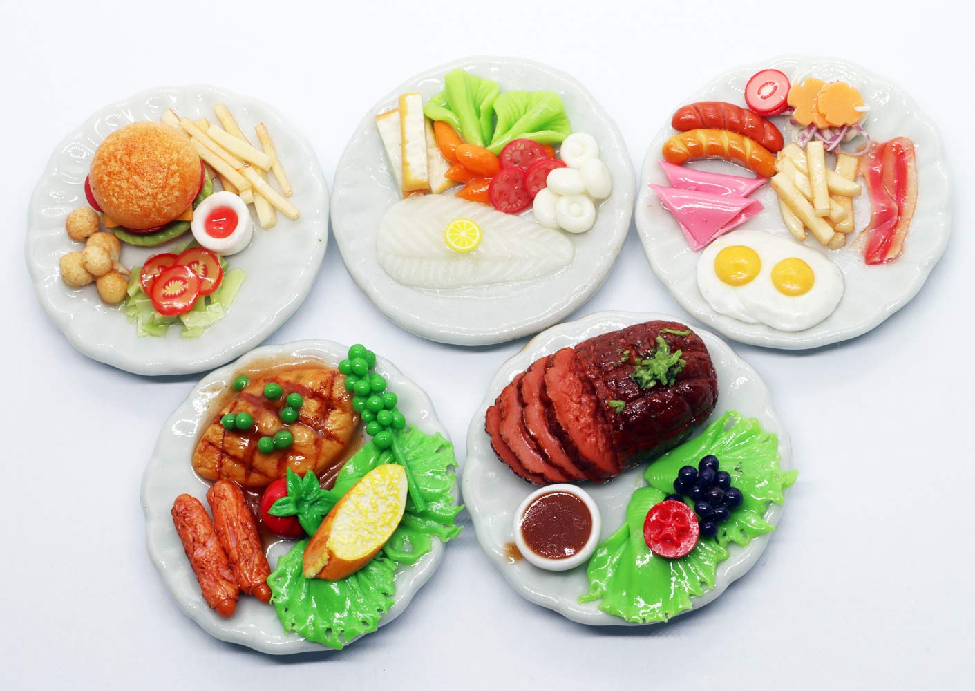 ThaiHonest Set 5 Assorted Dollhouse Miniature Food,Tiny Food On Ceramic Plate, Dollhouse Accessories for Collectibles