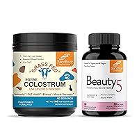 Pure Bovine Colostrum Powder Supplement for Humans & Beauty5 Vegetarian Capsules| Immune, Gut, Muscle, Hair, Skin and Nail Health Support| Non-GMO | Made in USA