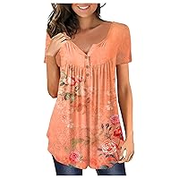 Cute Shirts for Women, Women Summer Tops Casual Fashion Short Sleeves V Neck T-Shirt Printed Tops Ruched Buttons