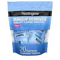 Makeup Remover Facial Cleansing Towelette Singles, Daily Face Wipes Remove Dirt, Oil, Makeup & Waterproof Mascara, Gentle, Individually Wrapped, 100% Plant-Based Fibers, 20 ct