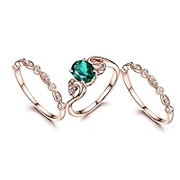 Three Half Eternity Ring Set,Diamond Wedding Band,14K Rose Gold,Art Deco,Emerald Anniversary Ring