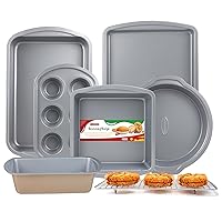 Baking Pans Set with Nonstick Coating, Professional Ultrathick 7 Pcs Including Cake Pans, Cookie Sheets, and Cooling Rack - 0.8mm Thick, Dishwasher Safe, and Heavy Duty