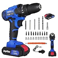 Cordless Drill Driver 21V with 2 Batteries 1.5Ah, 45Nm Max Electric Drill, 3-Function Combi Drill and Screwdriver Set, 25+1 Torque Setting, 3/8inch Chuck, 2 Speed, LED Light, 26pcs Combi Accessory Kit