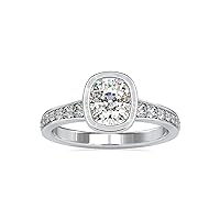 Certified Bezel Setting Engagement Ring with 0.24 Ct IJ-SI Side Round Natural & 1.79 Ct G-VS2 Center Cushion Moissanite Solitaire Diamond in 18K White/Yellow/Rose Gold for Women on Her Birthday