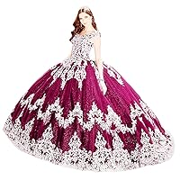 Women's Princess Lace Applique Quinceanera Dress Tulle Sweet 16 Ball Gown Dress