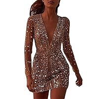 XJYIOEWT Dresses for Women 2024 Wedding Guest Summer, Women Sexy Deep V See Through Gold Covered Buttock Dress Long SLE