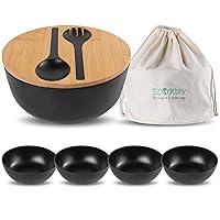 Bamboo Fiber Salad Bowl Set,Large Mixing Bowl with Natural Bamboo Lid and Utensils,4 Serving Bowls,Spoon,Fork and Fabric Bag for Salad,Soup,Vegetables,Pasta and Fruits(Black,9.8inches)
