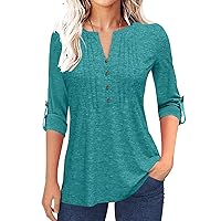 Grlasen Women's Fashion Long Sleeve T-Shirt Pleated Button V-Neck Solid Color Casual Tunic Top