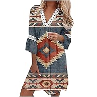 Summer Dress Women Vintage Westen Aztec Geometric Print Lace Trim V Neck 3/4 Sleeve Mini Dress Casual Elegant Beach Sundress