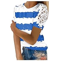 Womens Crew Neck T Shirts Short Sleeve Summer Fashion Lace Crochet Tops Casual Color Block Tops