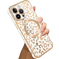 Bonoma for iPhone 14 Pro Max Case [Support for Magsafe] Leopard Print Pattern Magnetic Plating Screen Protector Luxury Elegant Case Camera Protector Shockproof Protective Corner Back Cover -White