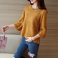 Hollow Out Thin Pullover Women's Sweater - Knitted Coat Round Neck Loose Linen Three-Quarter Sleeve Bottoming Shirt