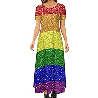 Rainbow Flag Gay Pride Women's Short Sleeve Crewneck Dress Casual Long Maxi Dresses