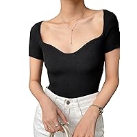 Milumia Women's Casual Sweetheart Neck Ribbed Knit Top Short Sleeve Pullover Sweater