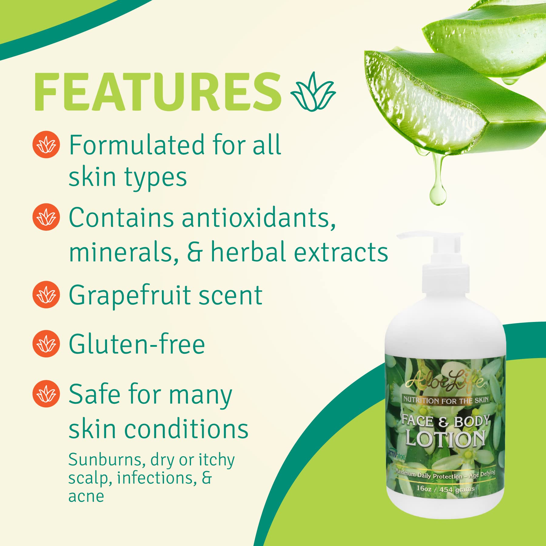 Aloe Life - Face & Body Lotion, Concentrated Formula, Hydrates Dry Skin, Contains Antioxidants, Minerals, & Herbal Extracts, Pleasant Grapefruit Scent, Safe For All Skin Types, Gluten-Free (16 oz)