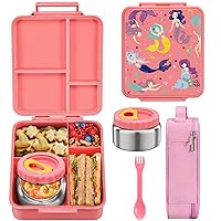MAISON HUIS Bento Lunch Box for Kids With 8oz Soup Thermo, Leakproof Lunch Compartment Containers with 4 Compartment Bento Box, Thermo Food Jar and Lunch Bag, BPA Free,Travel, School(Mermaid)
