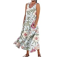 Summer Dresses for Women 2024 Sleeveless Casual Fashion Retro Printed Round Neck Pocket Dress