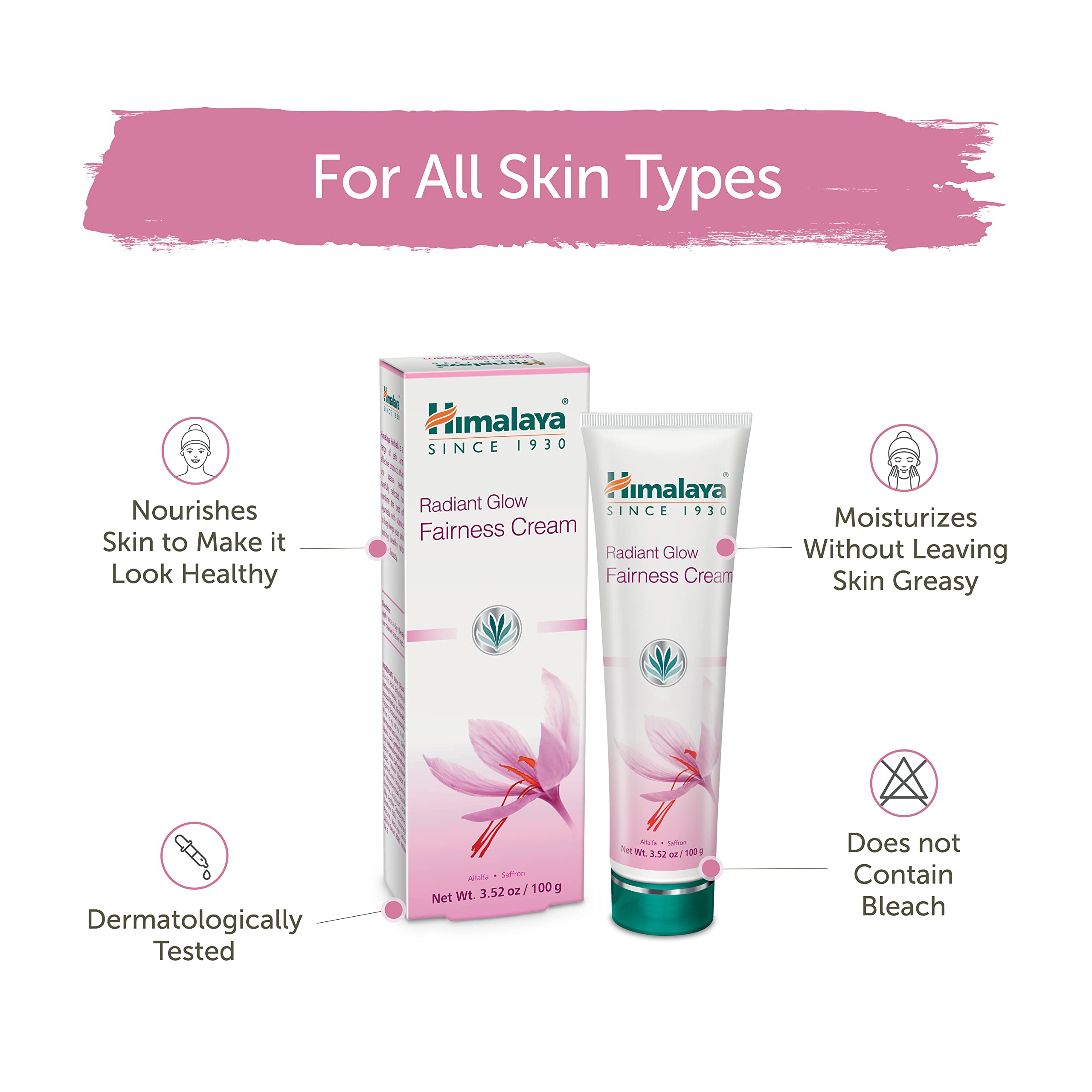 Himalaya Radiant Glow Fairness Cream for Dark Spots, Eye Bags and Under Eye Circles, Free from Parabens and Bleach, Moisturizing and Brightening Cream with Saffron and Alfalfa, 3.52 oz (100 g)