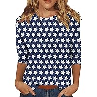 Womens Plus Size Summer Tops Crewneck 3/4 Length Sleeve Tunic Top Independence Day Shirts Casual Tee Trendy
