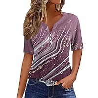 Women's Short Sleeve Summer Tops Loose Fit Oversized T Shirts V Neck Button Down Blouses Fashion Vintage Graphic Tees