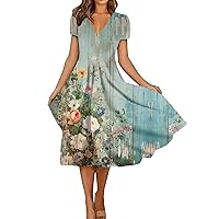 Dresses for Women 2024 Summer Casual Dresses,Short Sleeve Swing Sundress Floral Print T-Shirt Dress