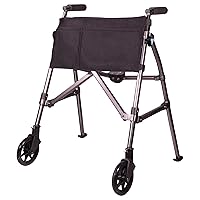 Stander EZ Fold-N-Go Walker Short, Junior Foldable and Lightweight Rolling Walker for Adults, Seniors, and Elderly, Petite Walker with Wheels, Ski Glides, and Pouch for Mobility Support, Black Walnut