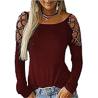 Women's Strappy Cold Shoulder Tops Casual Loose Basic T Shirts Round Neck Long-Sleeved Blouses
