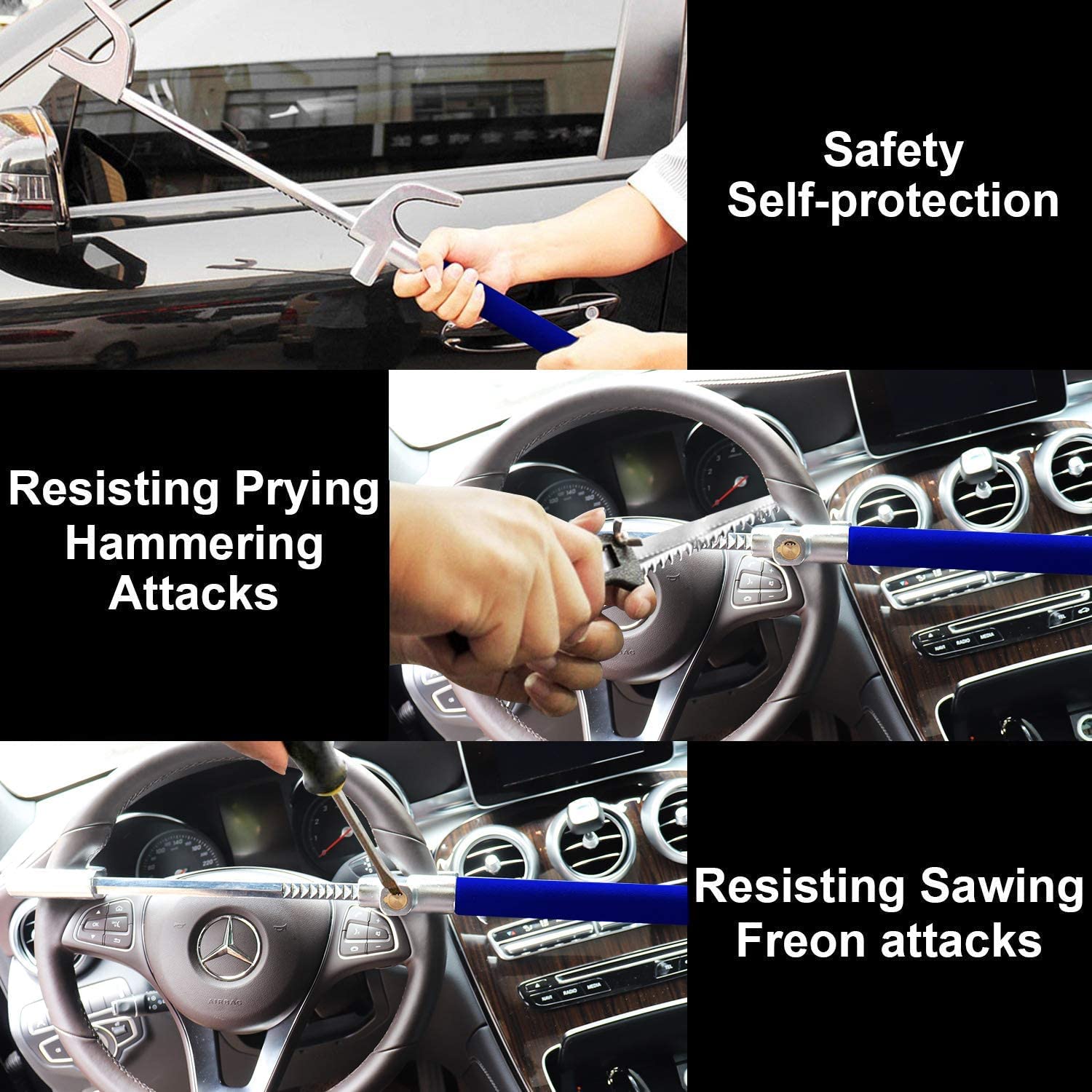 Tevlaphee Steering Wheel Lock Anti Theft Car Device Universal Car Theft Prevention Car Lock Adjustable Length Universal Fit Emergency Hammer Window Breaker Self Defense Heavy Duty Secure(Blue)