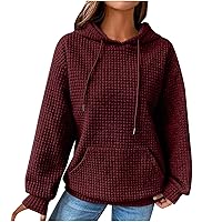 Women Waffle Casual Hoodie Long Sleeves Fashion Drawstring Pullover Sweatshirts Loose Fit Tunic Winter Tops Comy Shirt