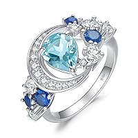 JewelryPalace Moon Star 2.2ct Pear Cut Genuine Sky Blue Topaz Created Sapphire Statement Rings for Women, 14k White Gold Plated 925 Sterling Silver Ring for Her, Natural Gemstone Jewellery Sets
