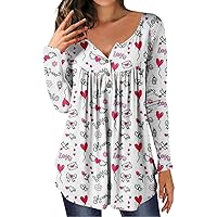 Women's Tops Long Sleeve Loose Shirts Casual V-Neck Blouses Valentine's Day Printed Button Pleated Tops, S-3XL
