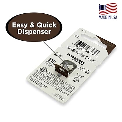 Powermax Size 312 Hearing Aid Batteries, Made In USA, Brown Tab, 64 Count