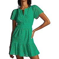 PRETTYGARDEN Womens 2024 Summer Short Dress V Neck Short Sleeve A Line Hollow Out Lace Ruffle Cute Casual Beach Party Dresses
