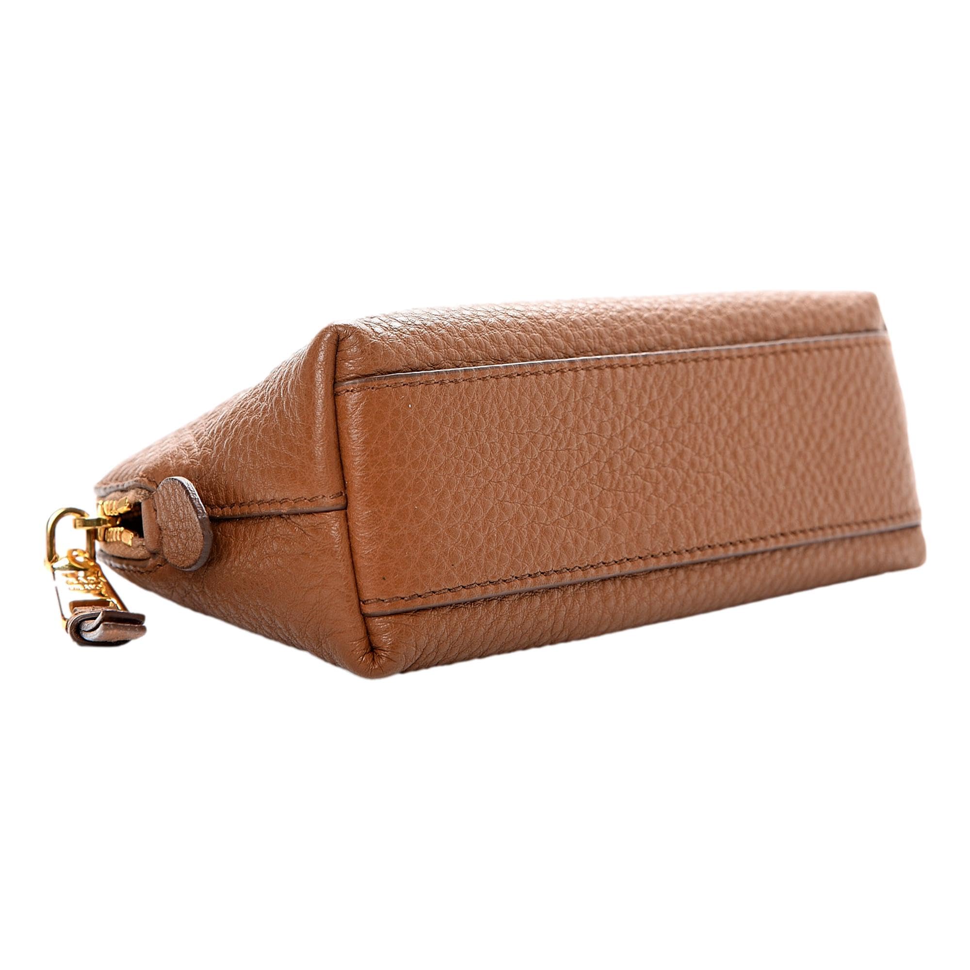 Prada Vitello Daino Cannella Brown Leather Small Cosmetic Case Bag