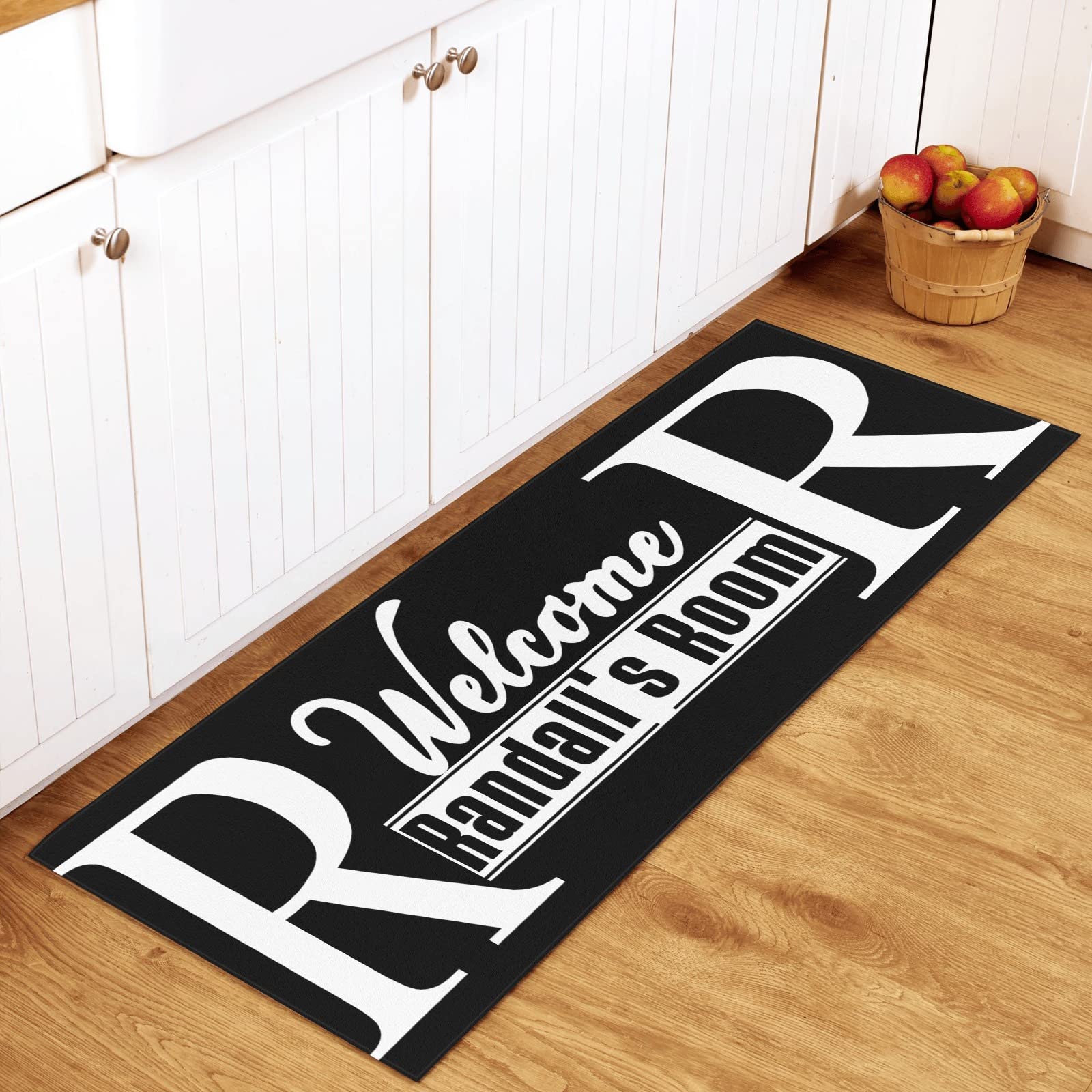 Custom Welcome Room Black White Kitchen Mats with Name Text Non Slip Soft Rubber Doormats Runner Carpets Rugs for Bathroom Bedroom Laundry Decor 48x17 Inch