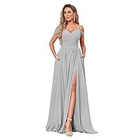 Women's Off Shoulder Bridesmaid Dress with Slit Chiffon Pleated Long Formal Dress with Pockets