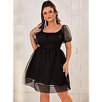 Plus Women's Dress Plus Contrast Mesh Puff Sleeve Dress (Color : Black, Size : XX-Large)