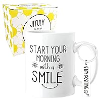 Start Your Morning With A Smile Mug Feel Better Inspirational Mug Daily Reminder Good Morning Gifts Funny Birthday Gifts For Her Women Mother 11 Oz Cute Coffee Mug Tea Cup With Stay Positive Keychain